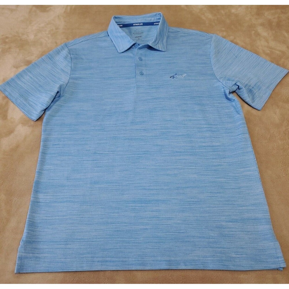 Greg Norman Attack Life mens polo golf shirt MEDIUM stripped shark blue